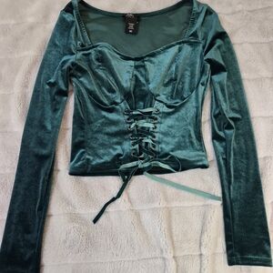 Elegant Teal Velvet Lace-Up Top